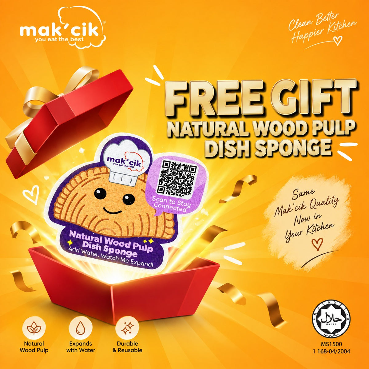 [FREE GIFT] Mak'Cik Wood Pulp Compressed Kitchen Sponge